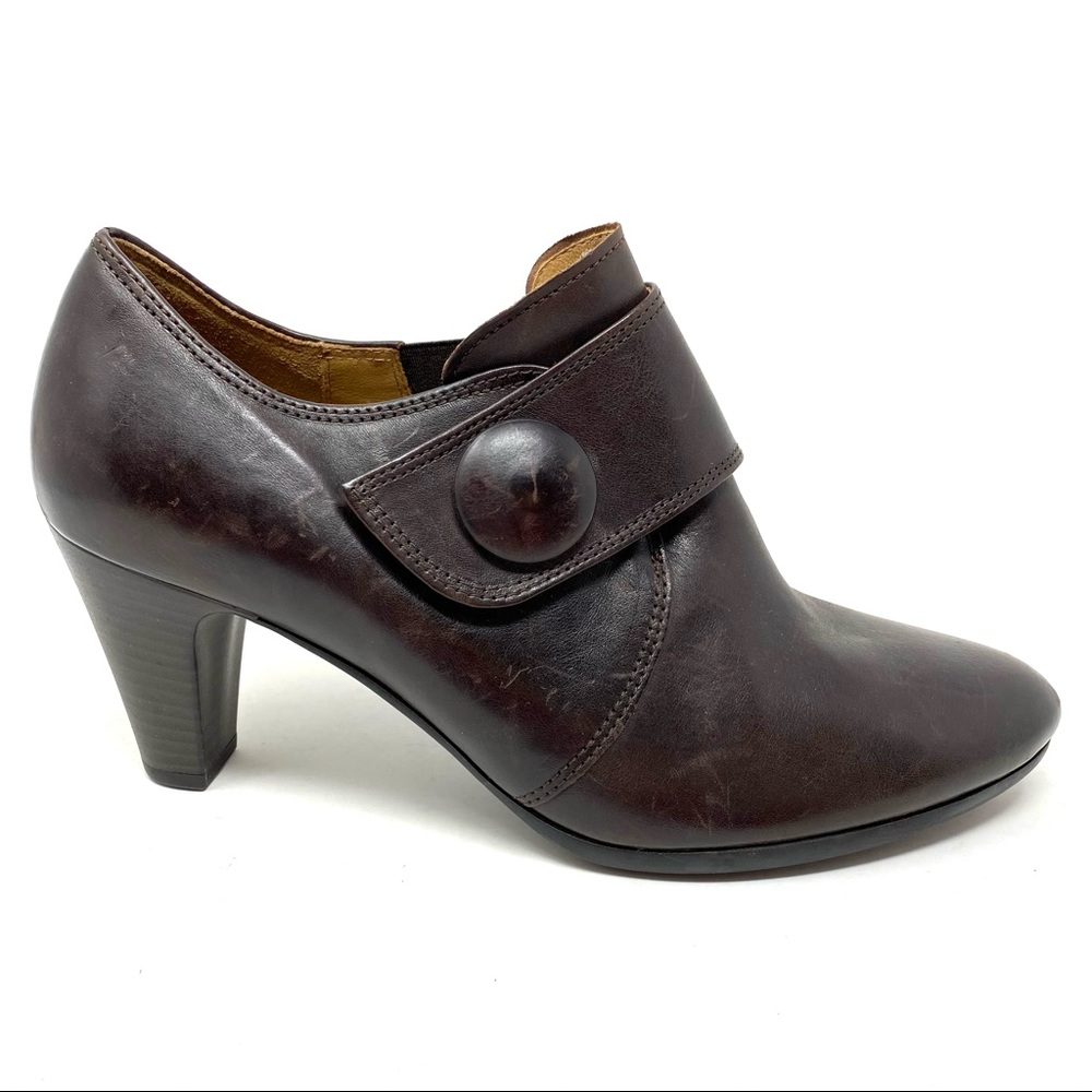 Gabor Dark Brown Leather Ankle Bootie with Button Strap